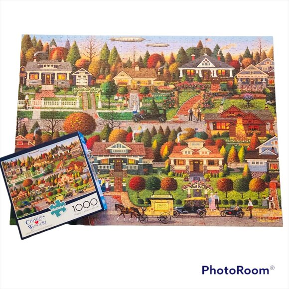 COMPLETE Labor Day In Bungalowville Charles Wysocki 1000 Pc Puzzle Cottagecore - Picture 1 of 5